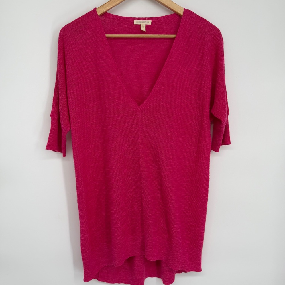 Eileen Fisher Pink Organic Linen Cotton V-Neck Tunic Top Oversized XS